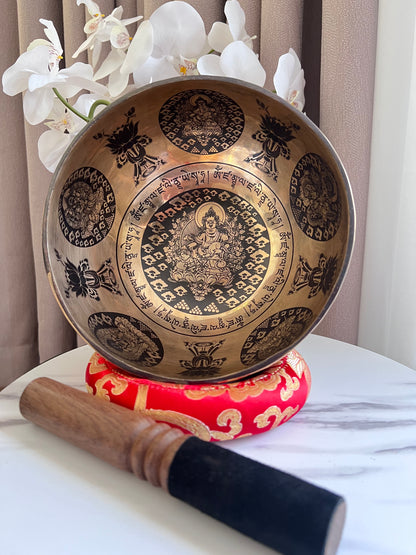 Handmade Singing Bowl with God of Wealth ( Zambala ) Engrave