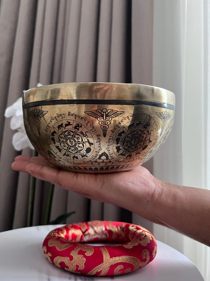 Handmade Singing Bowl with God of Wealth ( Zambala ) Engrave