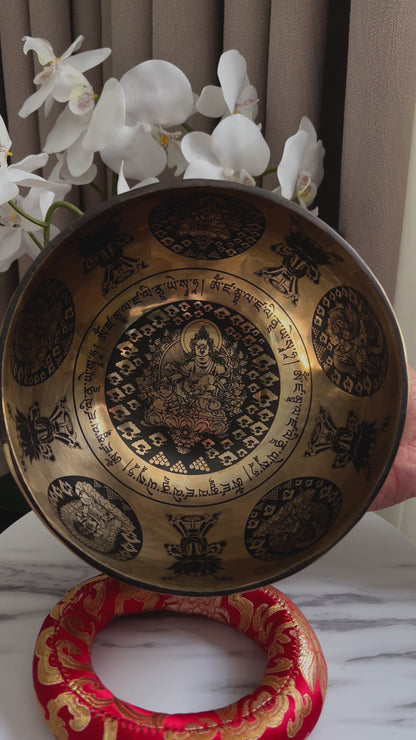 Handmade Singing Bowl with God of Wealth ( Zambala ) Engrave